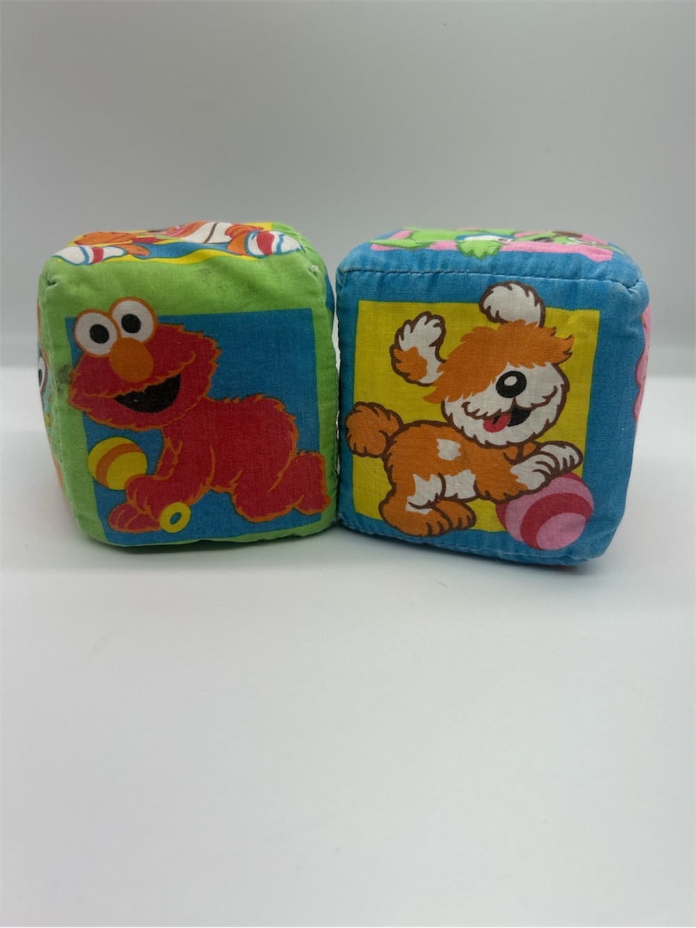 Vintage Sesame Street Soft Rattle Blocks Set of 2 Elmo Barkley Rosita Oscar Bert